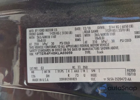 2019 Ford Ranger Lariat из США, поврежденный, VIN 1FTER4FH0KLA03059